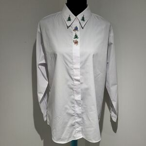 Juli Women's Christmas Embroidery Poplin Blouse Large White Holiday Festive NEW